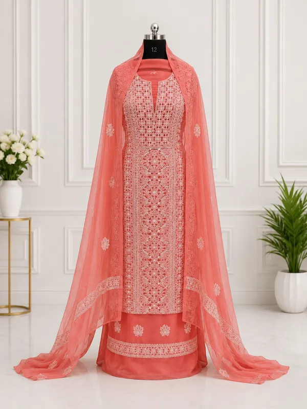 Coral_Pink_Suit_Piece_Chiffon_Jaal_With_Dupatta