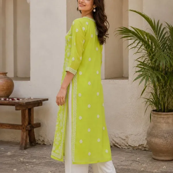 Citrus_Green_Hand_Embroidered_Lucknowi_Chikankari_Chiffon_Kurti_With_Full_Buti_Jaal