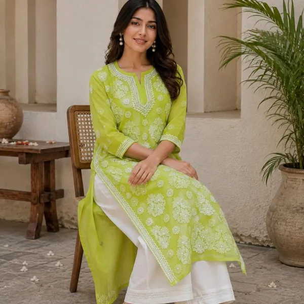 Citrus_Green_Hand_Embroidered_Lucknowi_Chikankari_Chiffon_Kurti_With_Full_Buti_Jaal