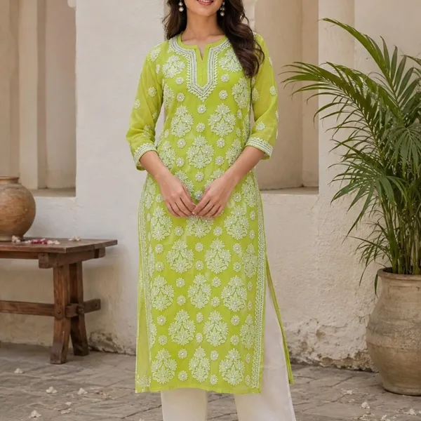 Citrus_Green_Hand_Embroidered_Lucknowi_Chikankari_Chiffon_Kurti_With_Full_Buti_Jaal