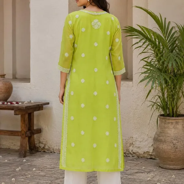 Citrus_Green_Hand_Embroidered_Lucknowi_Chikankari_Chiffon_Kurti_With_Full_Buti_Jaal