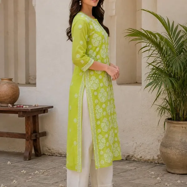 Citrus_Green_Hand_Embroidered_Lucknowi_Chikankari_Chiffon_Kurti_With_Full_Buti_Jaal