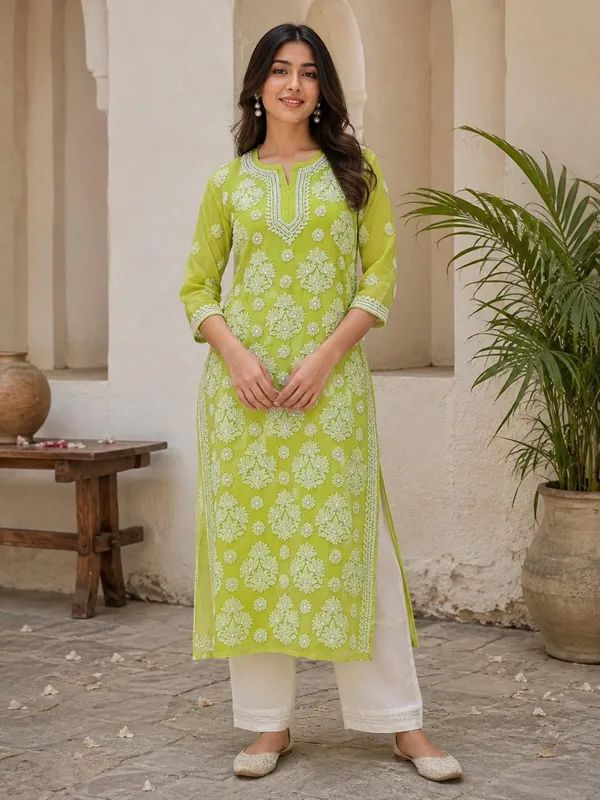 Citrus_Green_Hand_Embroidered_Lucknowi_Chikankari_Chiffon_Kurti_With_Full_Buti_Jaal