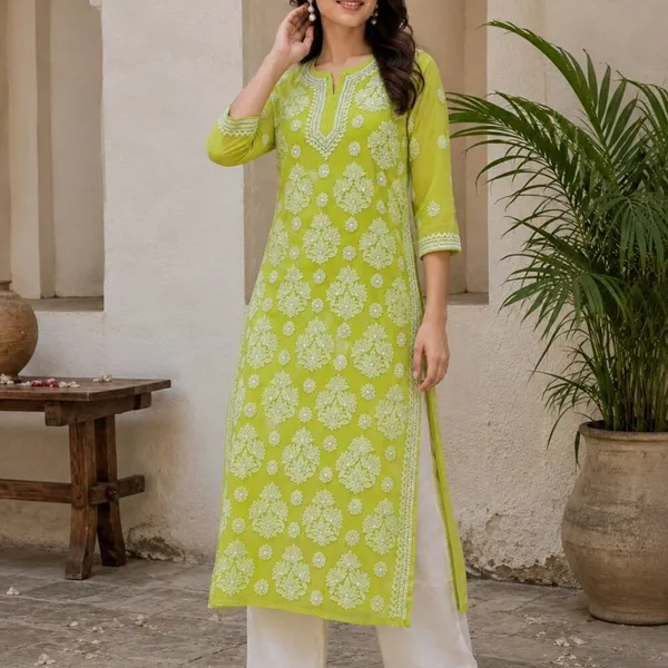 Citrus_Green_Hand_Embroidered_Lucknowi_Chikankari_Chiffon_Kurti_With_Full_Buti_Jaal