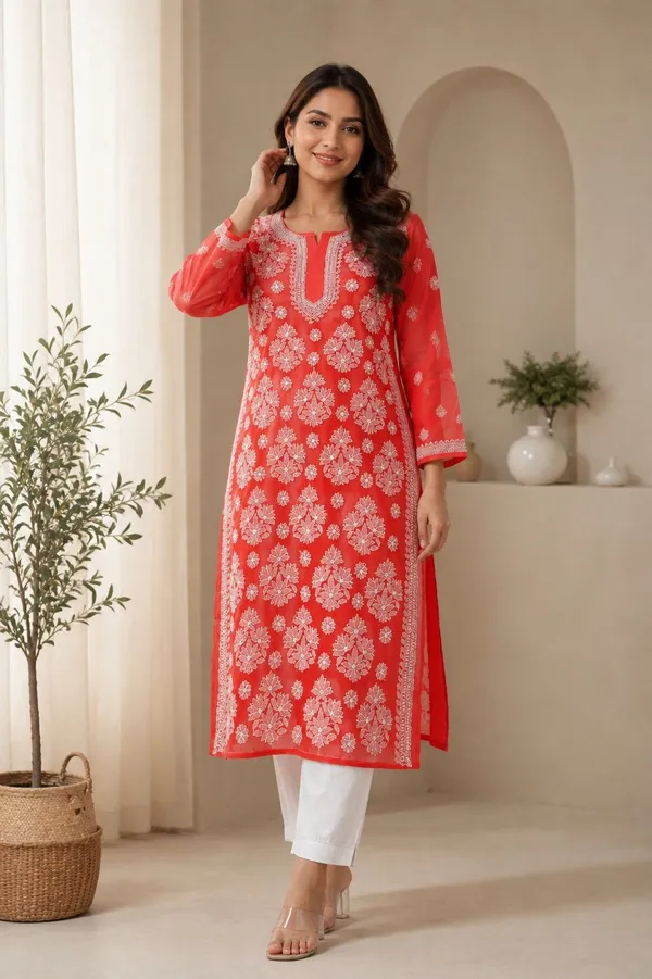 Bright_Coral_Red_Hand_Embroidered_Lucknowi_Chikankari_Chiffon_Kurti_With_Full_Buti_Jaal