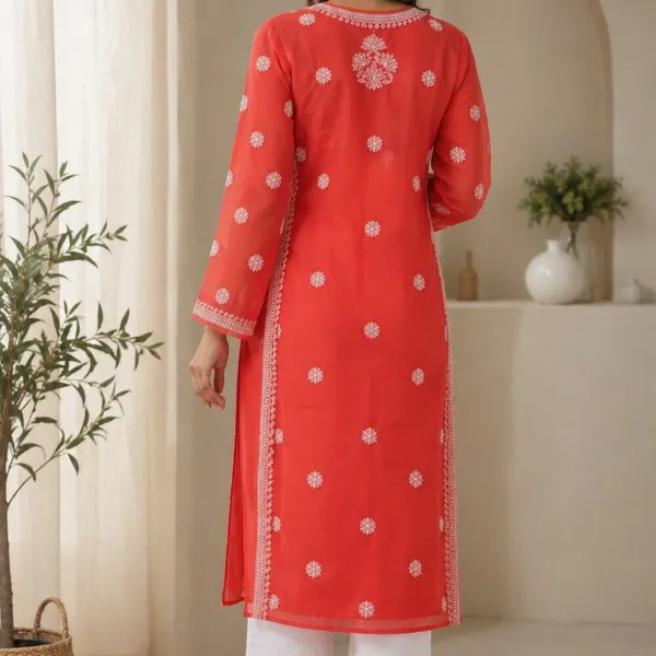 Bright_Coral_Red_Hand_Embroidered_Lucknowi_Chikankari_Chiffon_Kurti_With_Full_Buti_Jaal