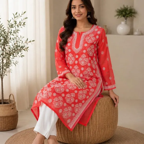 Bright_Coral_Red_Hand_Embroidered_Lucknowi_Chikankari_Chiffon_Kurti_With_Full_Buti_Jaal