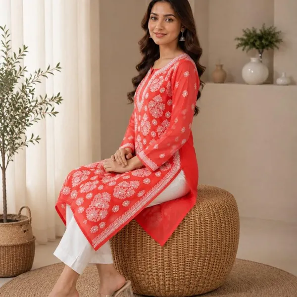 Bright_Coral_Red_Hand_Embroidered_Lucknowi_Chikankari_Chiffon_Kurti_With_Full_Buti_Jaal