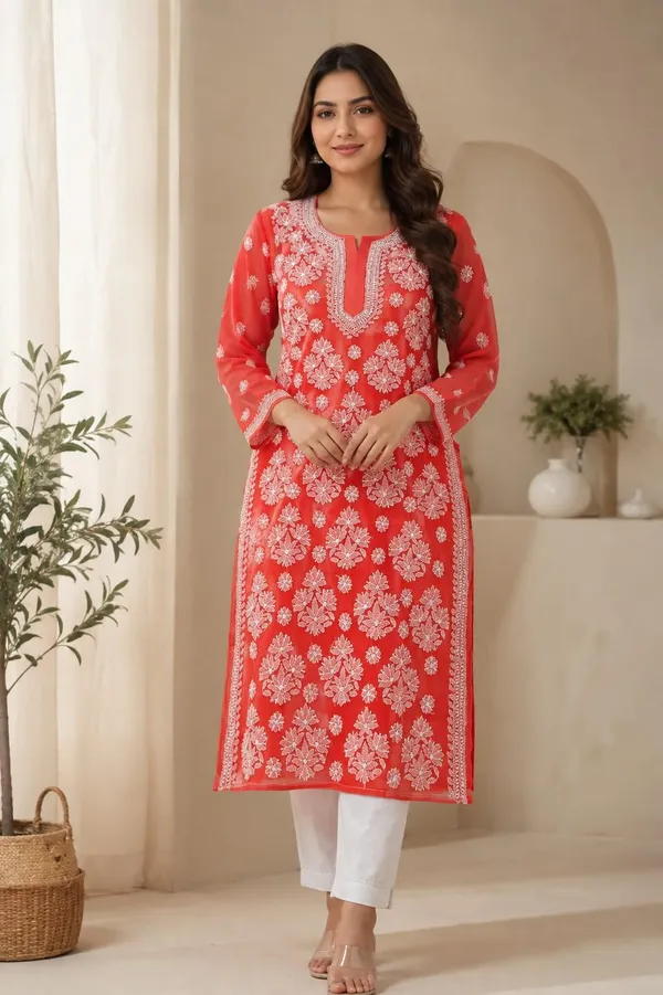 Bright_Coral_Red_Hand_Embroidered_Lucknowi_Chikankari_Chiffon_Kurti_With_Full_Buti_Jaal