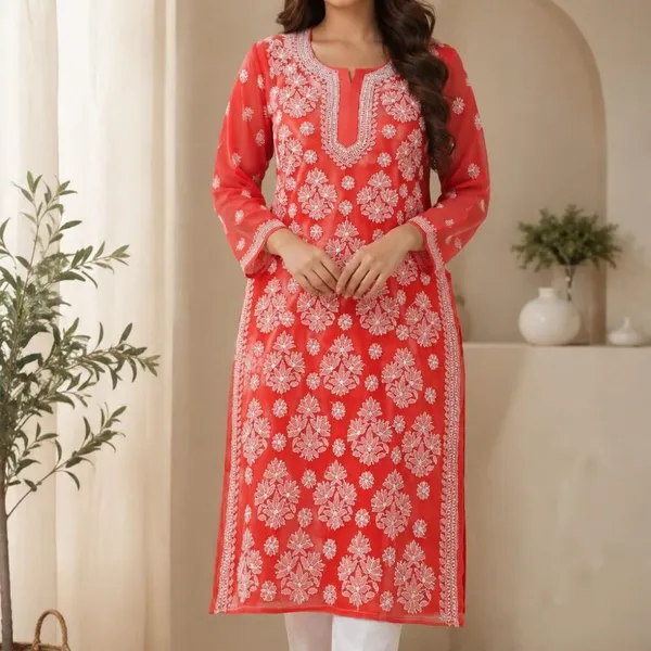 Bright_Coral_Red_Hand_Embroidered_Lucknowi_Chikankari_Chiffon_Kurti_With_Full_Buti_Jaal