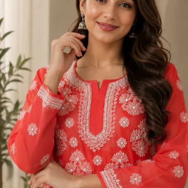 Bright_Coral_Red_Hand_Embroidered_Lucknowi_Chikankari_Chiffon_Kurti_With_Full_Buti_Jaal