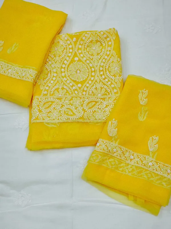 Sunshine_Yellow_Hand_Crafted_Soft_Chiffon_Unstitched_Chikan_Suit_Set_In_Panel_Pattern