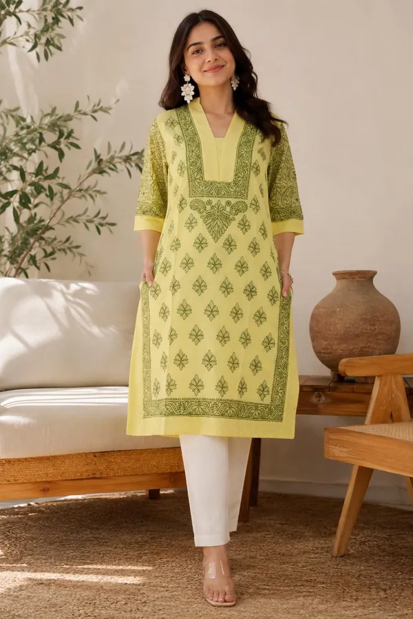 Pastel_Lemon_Yellow_Handcrafted_Lucknowi_Chikan_Cotton_Kurti_With_Full_Jaal_Sleeves