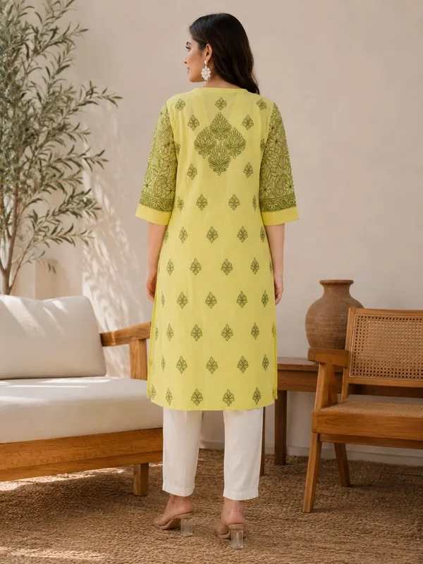 Pastel_Lemon_Yellow_Handcrafted_Lucknowi_Chikan_Cotton_Kurti_With_Full_Jaal_Sleeves