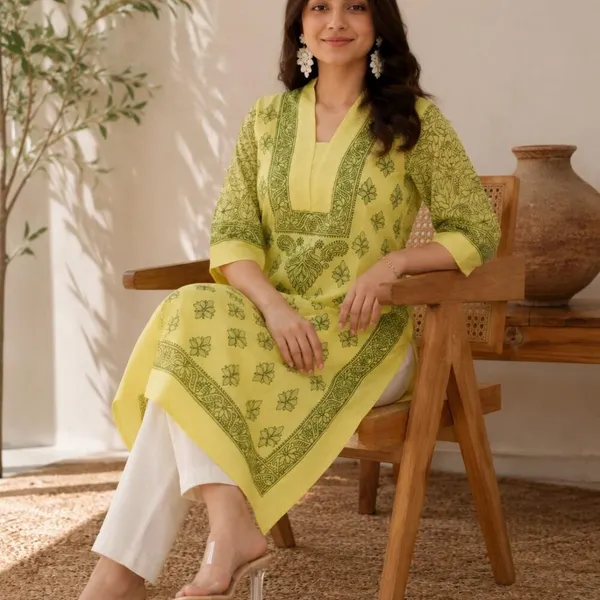 Pastel_Lemon_Yellow_Handcrafted_Lucknowi_Chikan_Cotton_Kurti_With_Full_Jaal_Sleeves