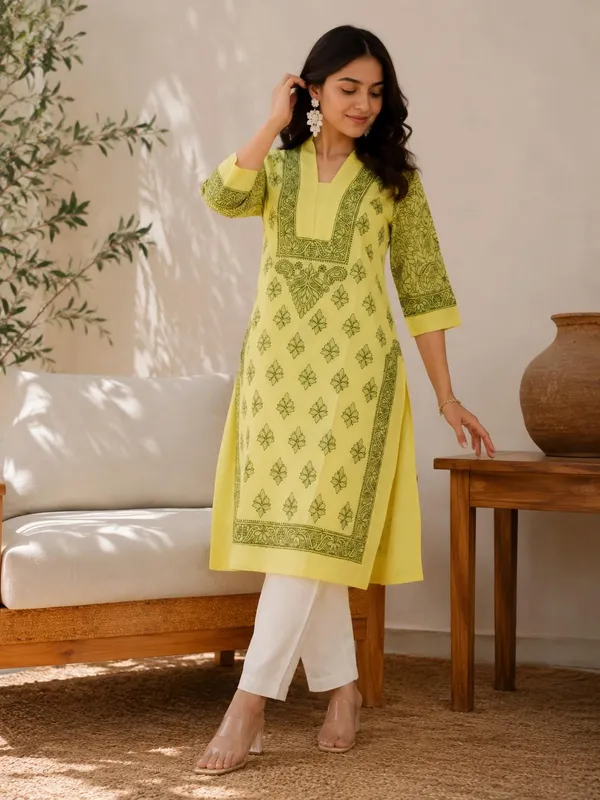 Pastel_Lemon_Yellow_Handcrafted_Lucknowi_Chikan_Cotton_Kurti_With_Full_Jaal_Sleeves
