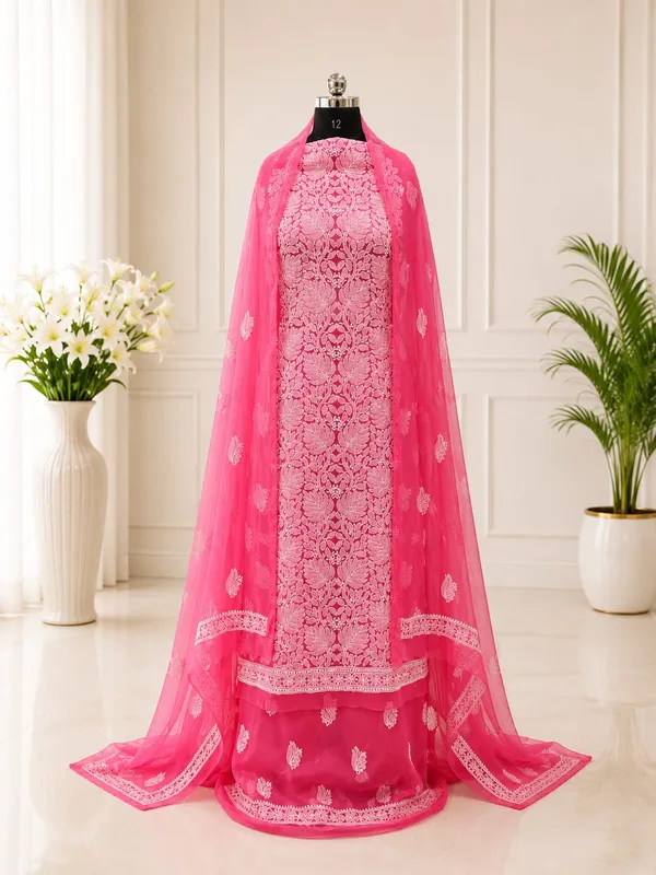 Fuchsia_Pink_Hand_Embroidered_Soft_Chiffon_Unstitched_Leaf_Chikankari_Suit_Set_With_Dupatta
