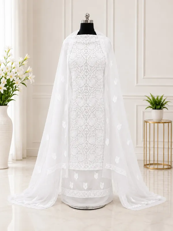 White_Hand_Embroidered_Soft_Chiffon_Unstitched_Leaf_Chikankari_Suit_Set_With_Dupatta