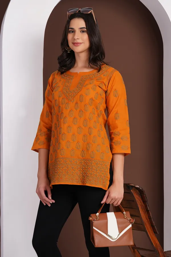 Burnt_Orange_Hand_Embroidered_Chikan_Cotton_Top_With_Contrast_Thread_Work