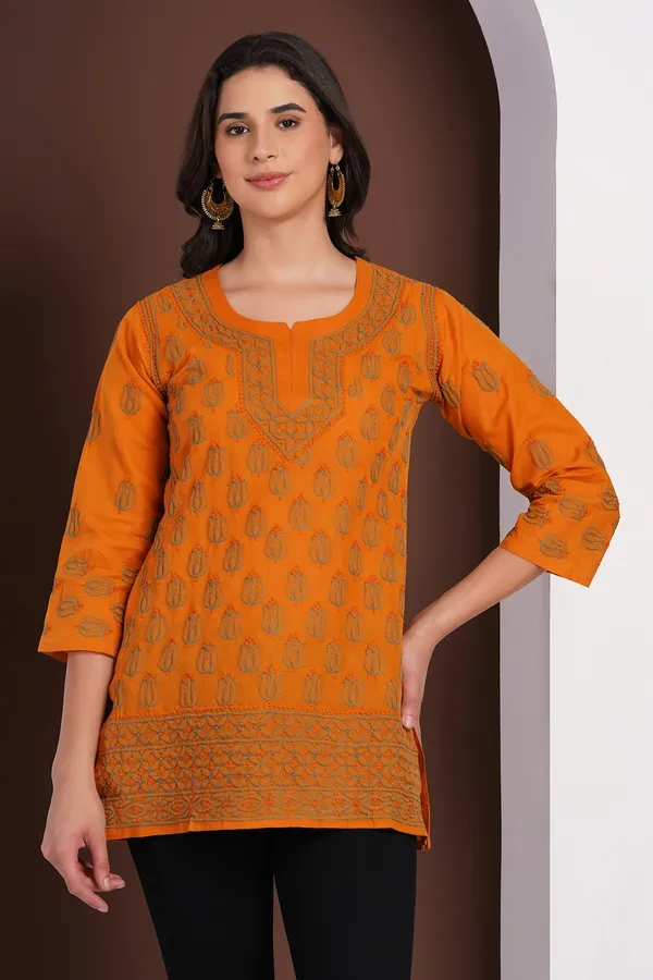 Burnt_Orange_Hand_Embroidered_Chikan_Cotton_Top_With_Contrast_Thread_Work