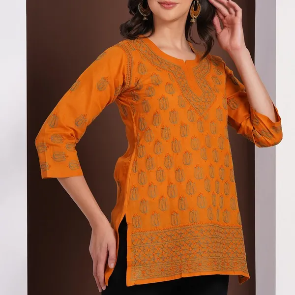 Burnt_Orange_Hand_Embroidered_Chikan_Cotton_Top_With_Contrast_Thread_Work