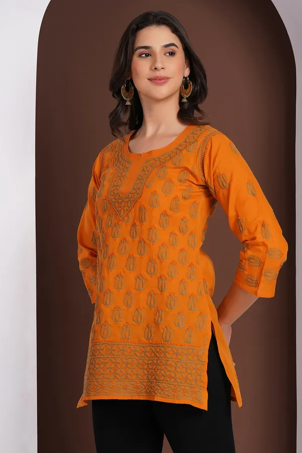 Burnt_Orange_Hand_Embroidered_Chikan_Cotton_Top_With_Contrast_Thread_Work