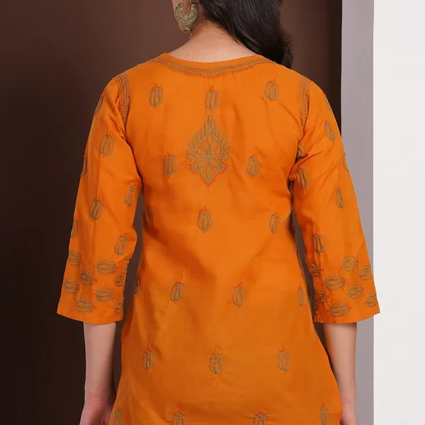 Burnt_Orange_Hand_Embroidered_Chikan_Cotton_Top_With_Contrast_Thread_Work