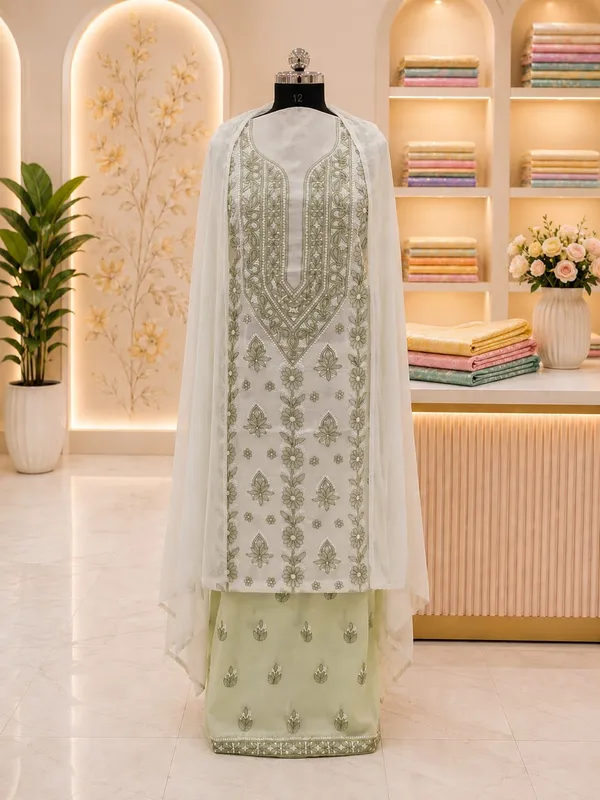 Sage_Green_Hand_Embroidered_Soft_Cotton_Unstitched_Contrast_Chikan_Suit_Set