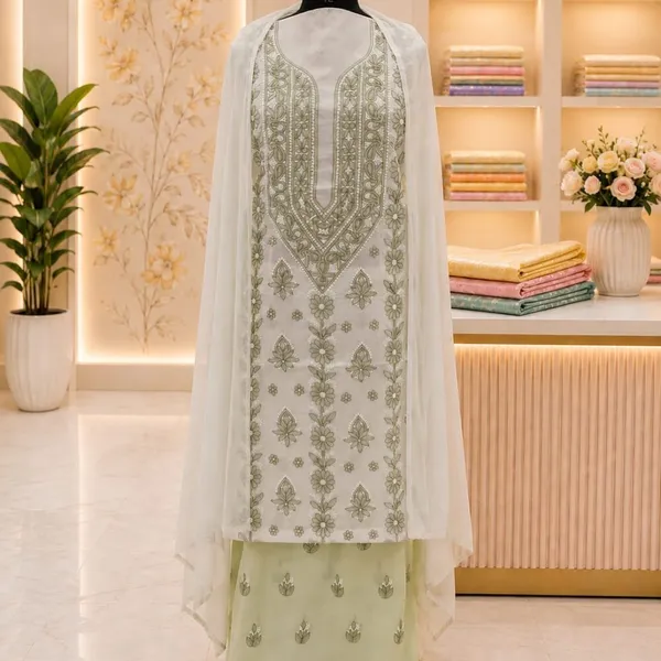 Sage_Green_Hand_Embroidered_Soft_Cotton_Unstitched_Contrast_Chikan_Suit_Set