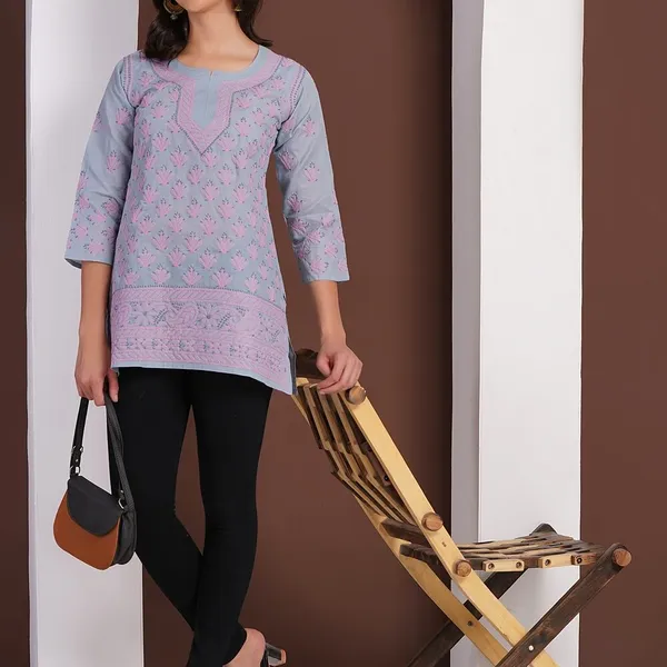 Dusty_Blue_Hand_Embroidered_Chikan_Cotton_Top_With_Contrast_Thread_Work