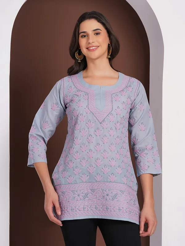 Dusty_Blue_Hand_Embroidered_Chikan_Cotton_Top_With_Contrast_Thread_Work
