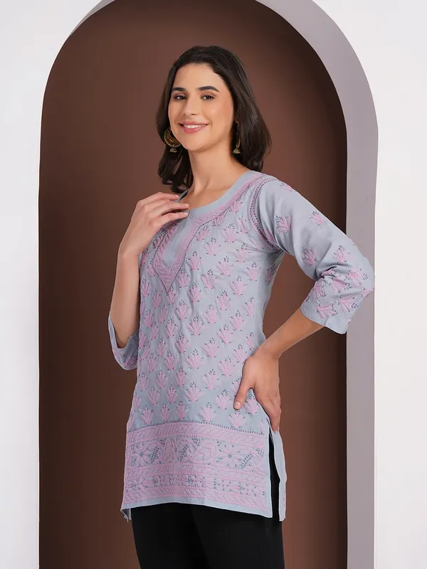 Dusty_Blue_Hand_Embroidered_Chikan_Cotton_Top_With_Contrast_Thread_Work