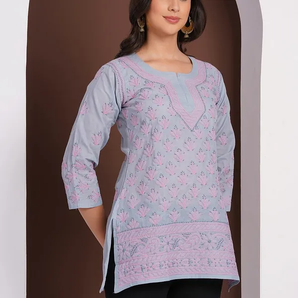 Dusty_Blue_Hand_Embroidered_Chikan_Cotton_Top_With_Contrast_Thread_Work