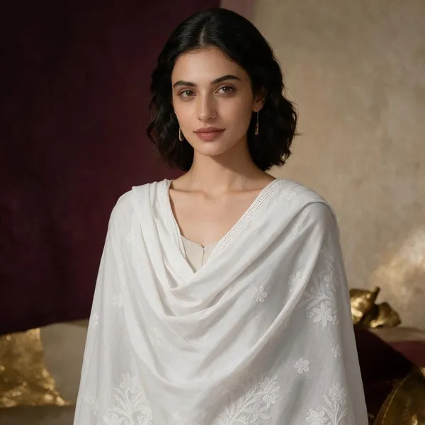 White_Hand_Embroidered_Lucknowi_Chikankari_Pure_Soft_Cotton_Dupatta