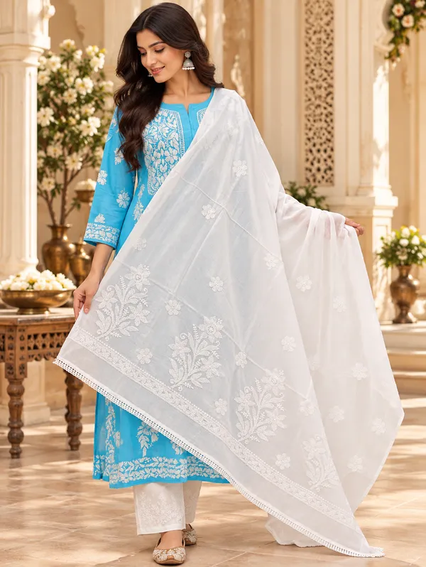 White_Hand_Embroidered_Lucknowi_Chikankari_Pure_Soft_Cotton_Dupatta