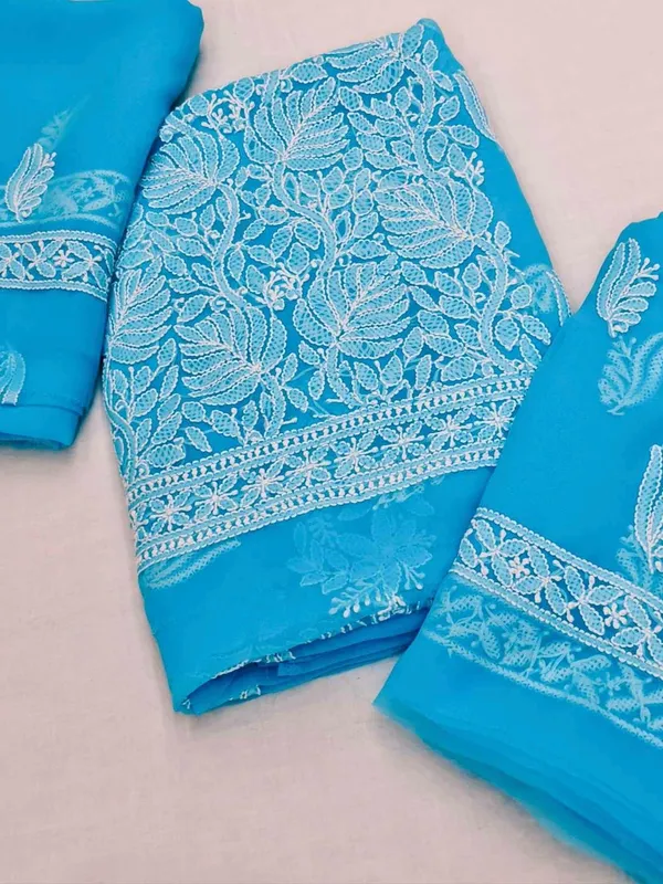 Turquoise_Blue_Hand_Embroidered_Soft_Chiffon_Unstitched_Leaf_Chikankari_Suit_Set_With_Dupatta