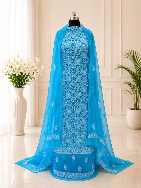 Turquoise_Blue_Hand_Embroidered_Soft_Chiffon_Unstitched_Leaf_Chikankari_Suit_Set_With_Dupatta
