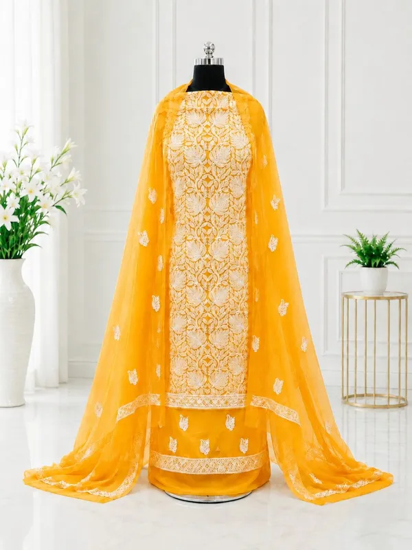 Mustard_Yellow_Hand_Embroidered_Soft_Chiffon_Unstitched_Leaf_Chikankari_Suit_Set_With_Dupatta