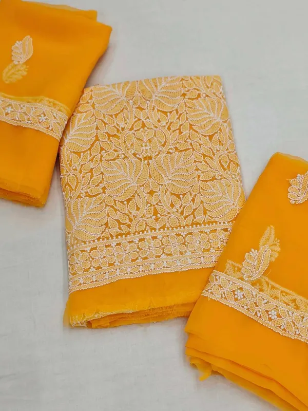 Mustard_Yellow_Hand_Embroidered_Soft_Chiffon_Unstitched_Leaf_Chikankari_Suit_Set_With_Dupatta