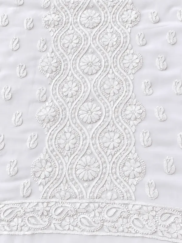 Pure_White_Hand_Crafted_Soft_Chiffon_Unstitched_Chikan_Suit_Set_In_Panel_Pattern
