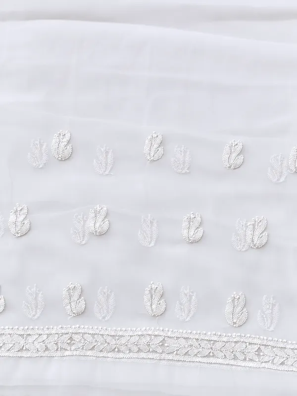 Pure_White_Hand_Crafted_Soft_Chiffon_Unstitched_Chikan_Suit_Set_In_Panel_Pattern