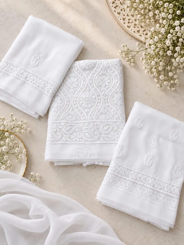 Pure_White_Hand_Crafted_Soft_Chiffon_Unstitched_Chikan_Suit_Set_In_Panel_Pattern