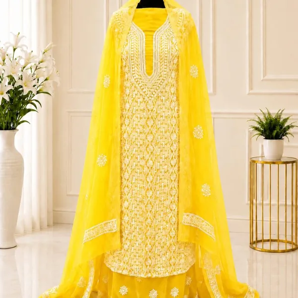 Golden_Yellow_Chiffon_Front_Jaal_Suit_Piece_With_Dupatta