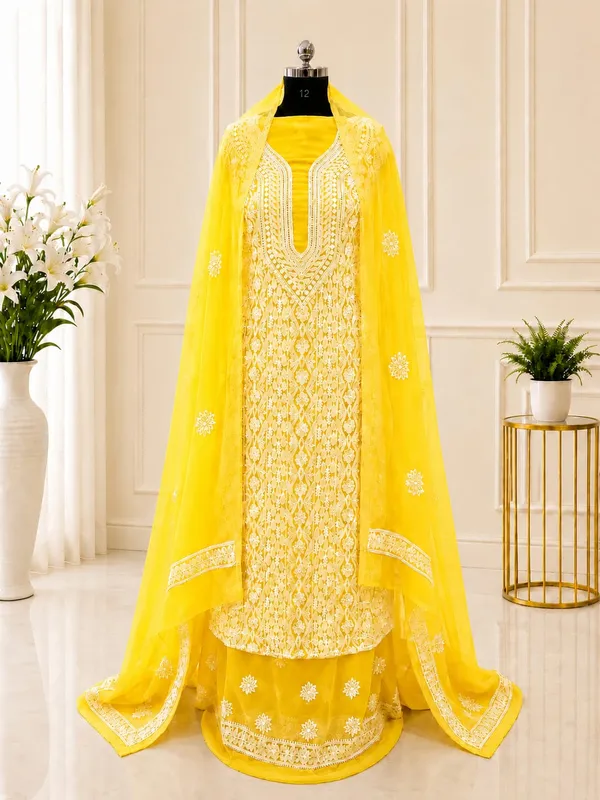 Golden_Yellow_Chiffon_Front_Jaal_Suit_Piece_With_Dupatta