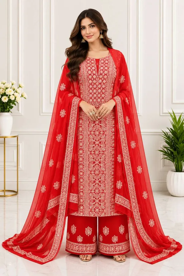 Cherry_Red_Suit_Piece_Chiffon_Jaal_With_Dupatta