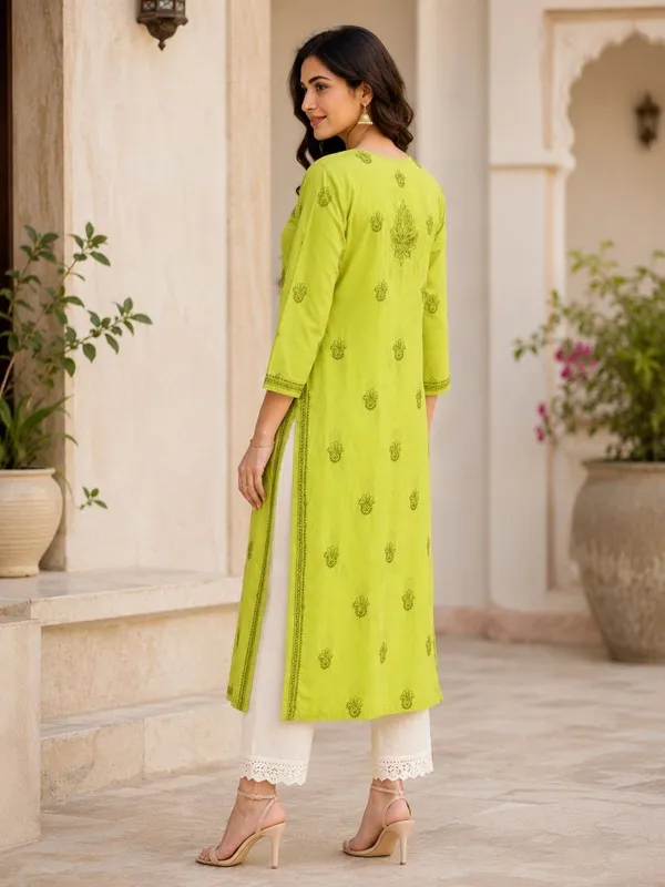 Lemon_Green_Hand_Embroidered_Lucknowi_Chikankari_Kashmiri_Cotton_Kurti