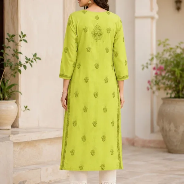 Lemon_Green_Hand_Embroidered_Lucknowi_Chikankari_Kashmiri_Cotton_Kurti
