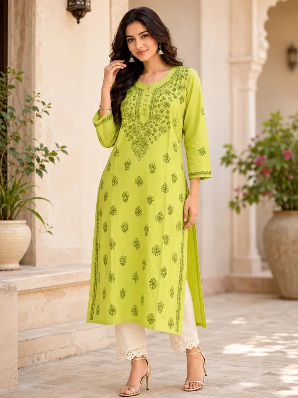 Lemon_Green_Hand_Embroidered_Lucknowi_Chikankari_Kashmiri_Cotton_Kurti