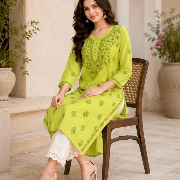 Lemon_Green_Hand_Embroidered_Lucknowi_Chikankari_Kashmiri_Cotton_Kurti