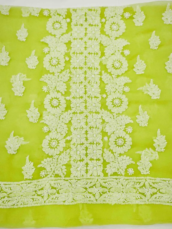 Lime_Green_Hand_Crafted_Soft_Chiffon_Unstitched_Chikan_Suit_Set_Panel_Pattern